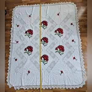 Handemade Vintage Embroidered Needlepoint Cross Stich Crochet White  Tablecloth